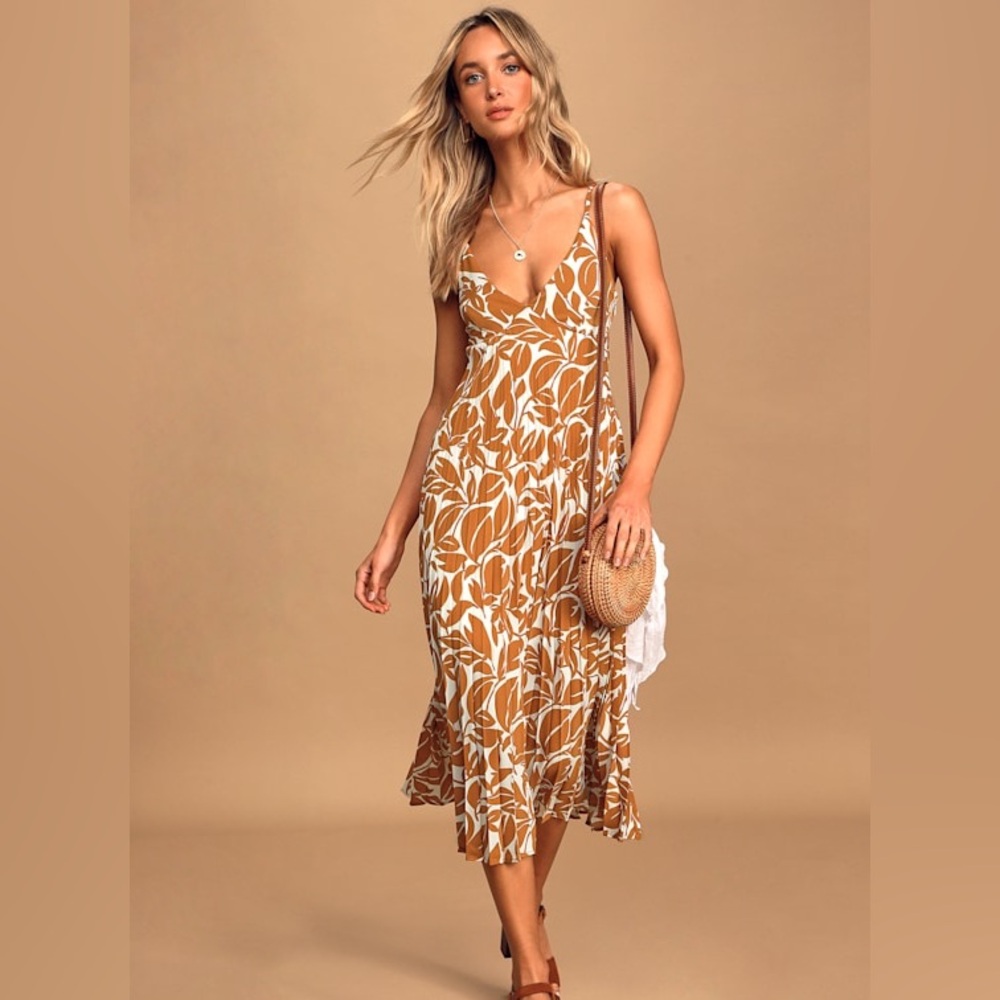 Burnt Orange and White Floral Print Pleated Midi Dress